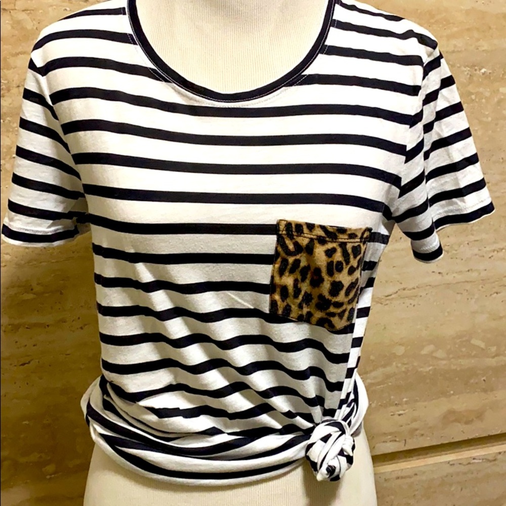 Striped top with leopard pocket -PINK brand